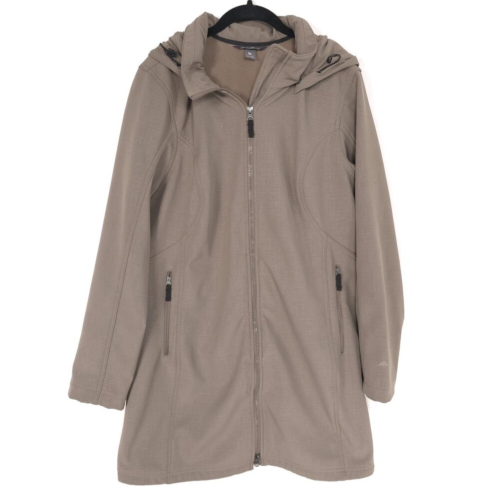 EDDIE BAUER Womens Jacket Hooded XL Softshell Fleece Lined Taupe 23512180